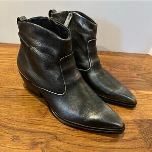 Franco Sarto Leather Pointed Toe Ankle Boots Metallic Black Women’s Sz 6.5 NWOB